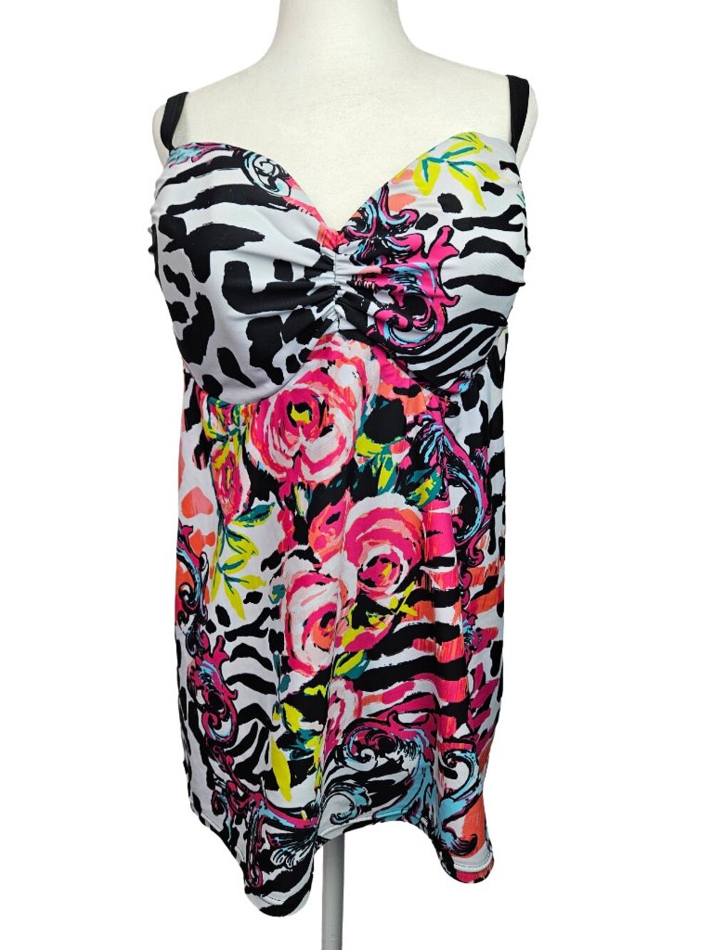 Cacique Swim Animal Print Floral Underwire Tankini Top 44C